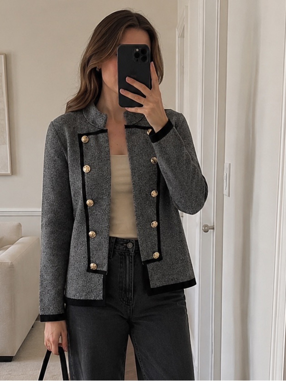 Jones New York Classic Military Style Knit Jacket Gold Buttons Gray L